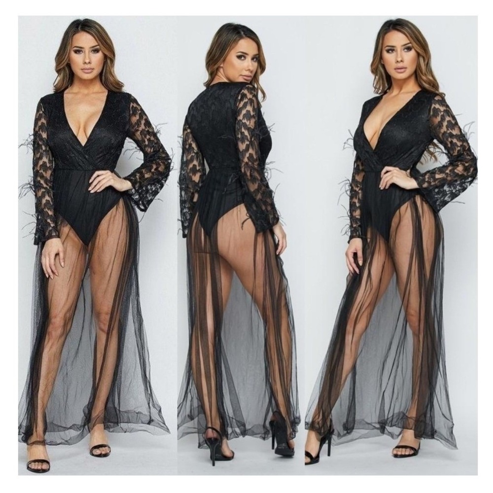 Banjul Black Lace Mesh Maxi Dress Bodysuit Feather Trim Whimsical Large